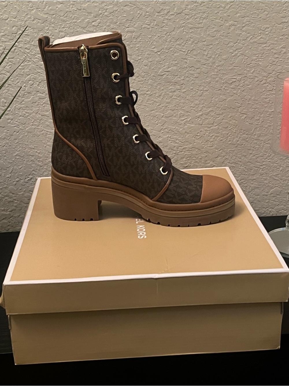 Michael Kors Brown Logo Lace-Up Lug Heel Bootie